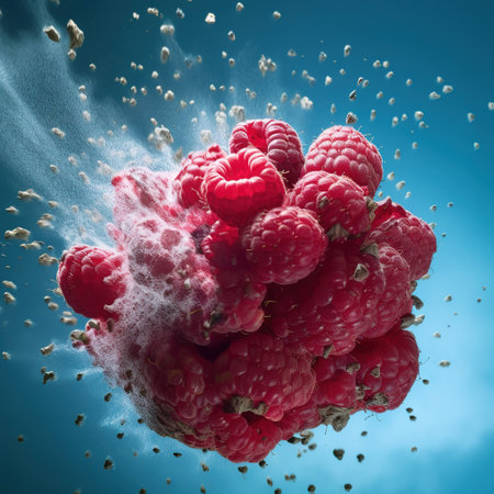 Falling raspberries with splashes of water on blue background. generative aiの素材