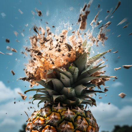 Pineapple explosion with splashes of water on a blue background. generative aiの素材