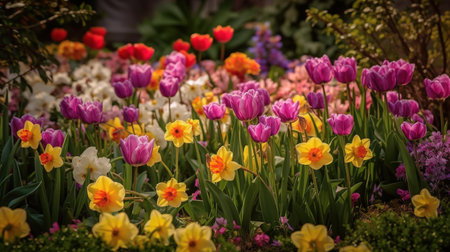 Colorful tulip flowers blooming in the garden. Beautiful bouquet of colorful tulips. generative aiの素材