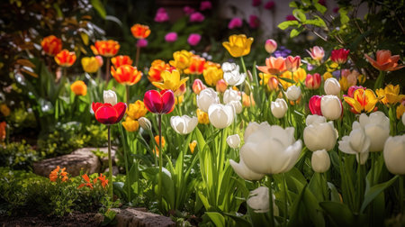 Colorful tulip flowers blooming in the garden. Beautiful bouquet of colorful tulips. generative aiの素材