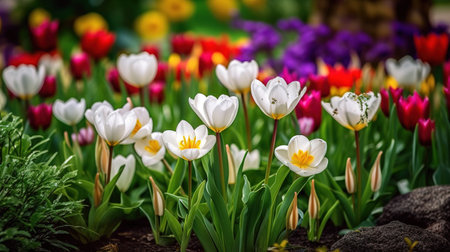 Colorful tulip flowers blooming in the garden. Beautiful bouquet of colorful tulips. generative aiの素材
