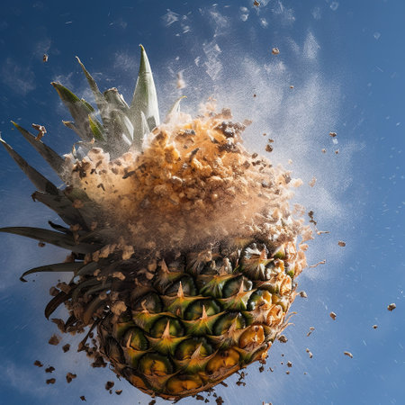 Pineapple explosion with splashes of water on a blue background. generative aiの素材