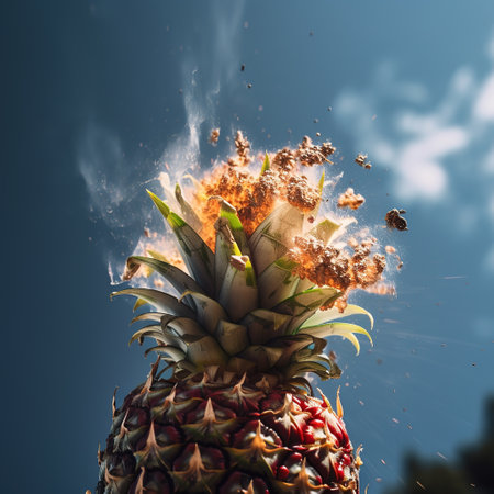 Pineapple explosion with splashes of water on a blue background. generative aiの素材