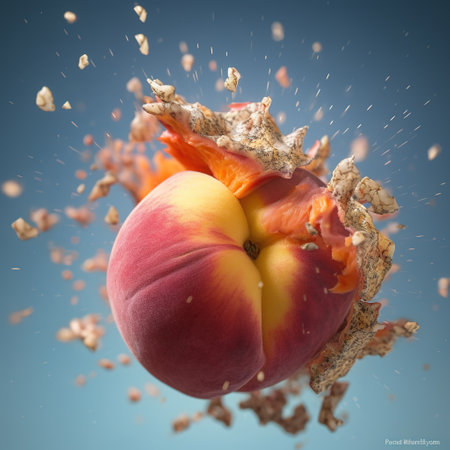 Peach explosion with splashes on blue background, close-up. generative aiの素材