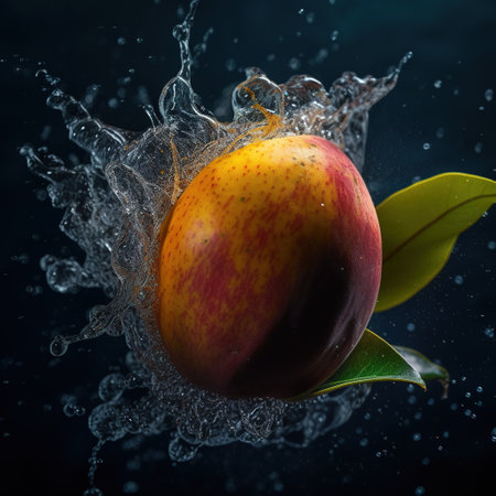 Mango splashing with water drops on dark background. Close up. generative aiの素材