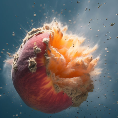 Peach explosion with splashes on blue background, close-up. generative aiの素材