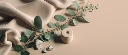 Flat lay composition with toilet paper rolls and eucalyptus branches on beige background. generative aiの素材