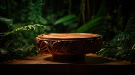 Wooden round podium in the tropical forest. Abstract natural background. generative aiの素材
