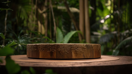 Wooden round podium in the tropical forest. Abstract natural background. generative aiの素材