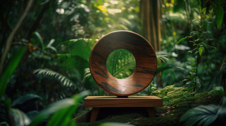 Wooden round podium in the tropical forest. Abstract natural background. generative aiの素材
