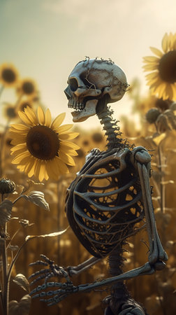 Human skeleton with sunflower in the field. Halloween concept. generative aiの素材