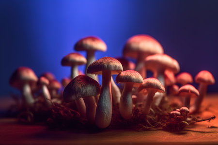 Group of mushrooms on a wooden table. Selective focus. Toned. Colored background. generative aiの素材