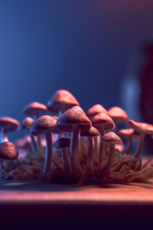 Group of mushrooms on a wooden table. Selective focus. Toned. Colored background. generative aiの素材