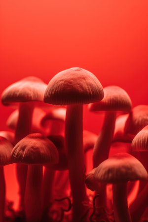 Group of mushrooms on red background. Shallow depth of field. generative aiの素材