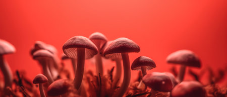 Mushrooms on a red background, macro photography, close-up generative aiの素材