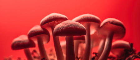 Mushrooms on a red background. Shallow depth of field. generative aiの素材