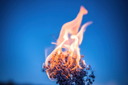 Burning plant on a blue background. Close-up. Macro. Shallow depth of field. generative aiの素材