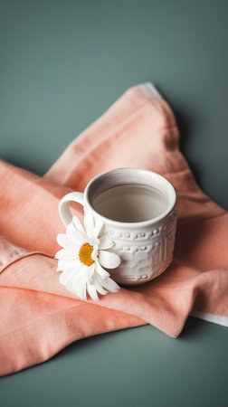 Cup of coffee with chamomile flower on tablecloth. generative aiの素材
