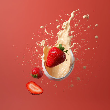 Strawberry falling into a milk splash on a red background. Copy space, space for text. generative aiの素材
