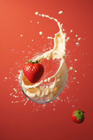 Strawberry falling into a milk splash on a red background. Copy space, space for text. generative aiの素材