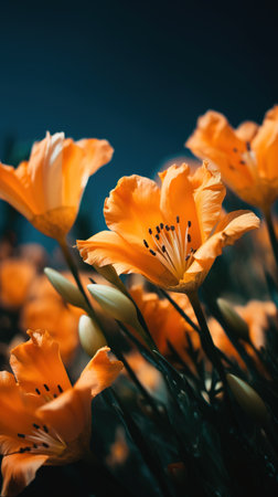 Beautiful orange flowers on a dark blue background. Soft focus. generative aiの素材