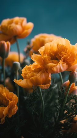 Orange ranunculus flowers in a vase on a blue background. generative aiの素材