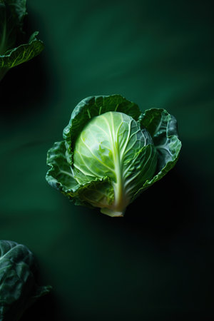 Top view of fresh green cabbage leaves on green background. Creative food concept. generative aiの素材