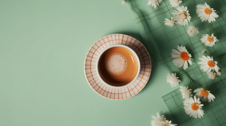Cup of coffee and chamomile flowers on green background. generative aiの素材