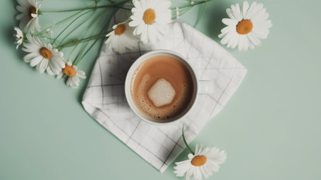 Cup of cappuccino and chamomile flowers on mint background. generative aiの素材