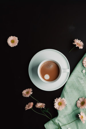 Cup of coffee and flowers on black background. Flat lay, top view. generative aiの素材