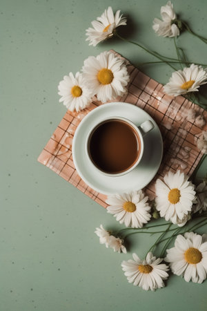 Cup of coffee and chamomile flowers on green background. generative aiの素材