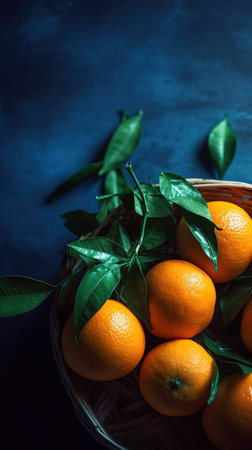 Ripe tangerines with leaves in a basket on a blue background. generative aiの素材