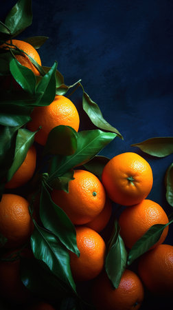 Fresh tangerines with leaves on dark blue background. Toned. generative aiの素材