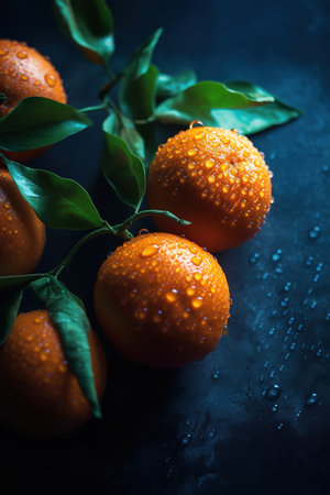 Tangerines with water drops on a dark background. Toned. generative aiの素材
