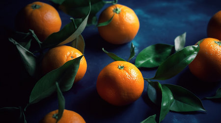 Tangerines with leaves on a dark blue background. Tangerines with green leaves. generative aiの素材