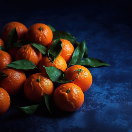 Tangerines with leaves on a dark blue background. Selective focus. generative aiの素材