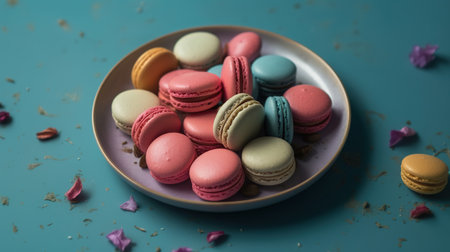 Colorful macaroons on blue background. Sweet macarons. generative aiの素材