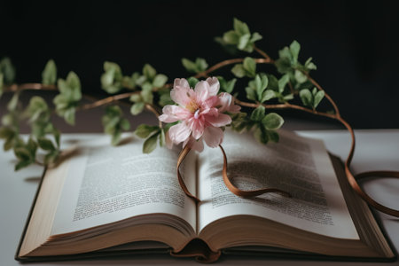 Open book with pink flower on the background of green branches and leaves. generative aiの素材