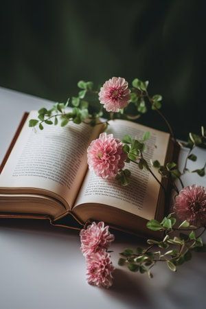 Open book with pink flower on the background of green branches and leaves. generative aiの素材