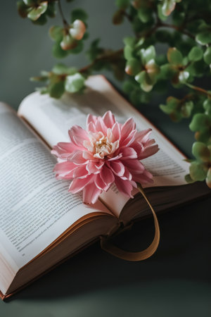 Open book with pink flower on the background of green branches and leaves. generative aiの素材