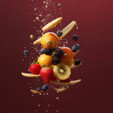Falling fruits in the air on a dark burgundy background. generative aiの素材