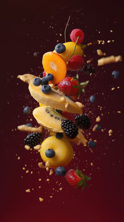 Fruit falling in the air with splashes on a red background. generative aiの素材