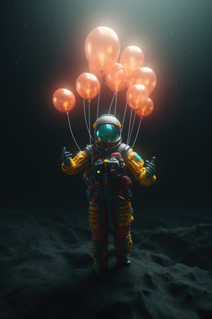 Astronaut in spacesuit with orange balloons. generative aiの素材