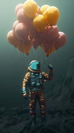 Astronaut in spacesuit with orange balloons. generative aiの素材