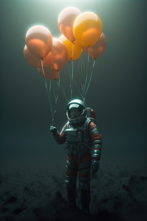 Astronaut in spacesuit with orange balloons. generative aiの素材