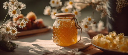 Honey in a glass jar and honey dipper on a wooden background. generative aiの素材