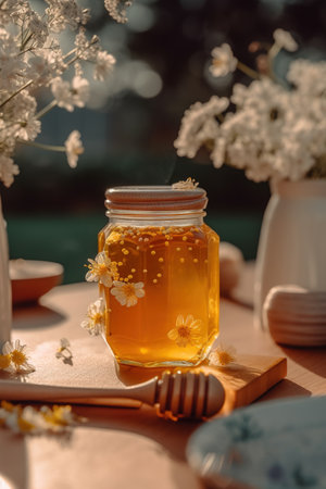 Honey in a glass jar and honey dipper on a wooden background. generative aiの素材