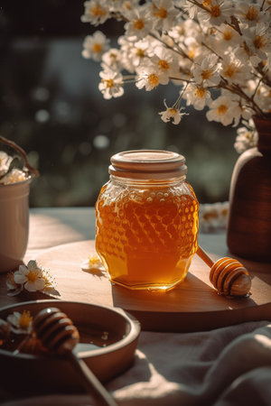 Honey in a glass jar and honey dipper on a wooden background. generative aiの素材