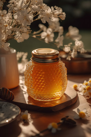 Honey in a glass jar and honey dipper on a wooden background. generative aiの素材