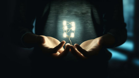 Close up of woman holding spermatozoons in her hands. Mixed media. generative aiの素材